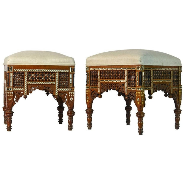 Carved Arabesque Pouf Chair Ornamented with Mother of Pearl Inlay