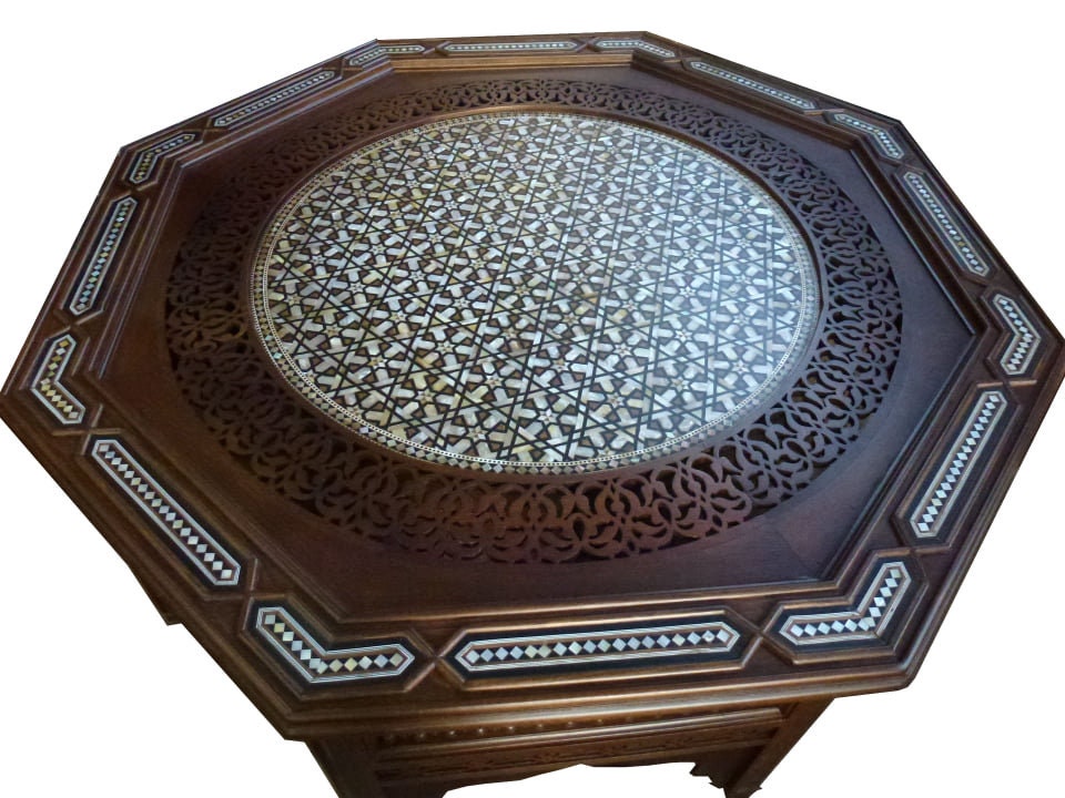 Wooden Arquette Carved Low Centre Table, levantine arabic furniture ,Octagonal shape