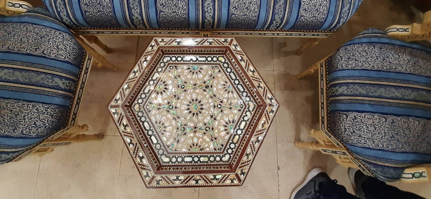 Handmade Hexagonal Side Table Inlaid Mother of Pearls