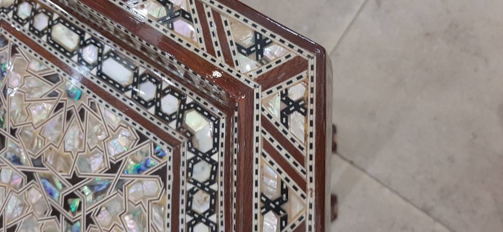 Handmade Hexagonal Side Table Inlaid Mother of Pearls