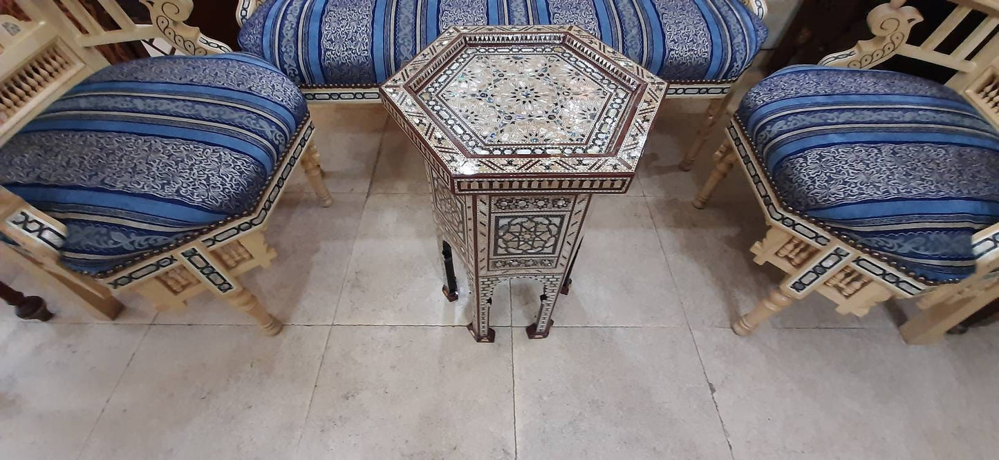 Handmade Hexagonal Side Table Inlaid Mother of Pearls