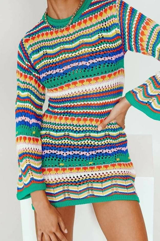 Striped Multicolour Long Sleeves Crochet Mini Dress