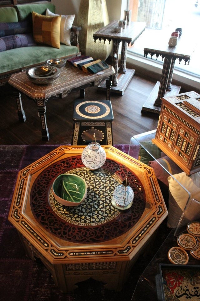 Wooden Arquette Carved Low Centre Table, levantine arabic furniture ,Octagonal shape