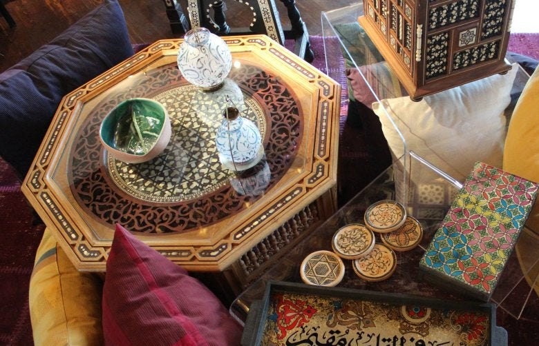 Wooden Arquette Carved Low Centre Table, levantine arabic furniture ,Octagonal shape