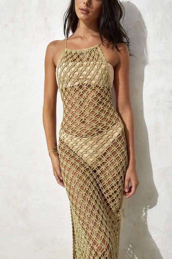 Square Fishnet Halter Maxi Dress