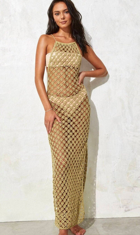 Square Fishnet Halter Maxi Dress