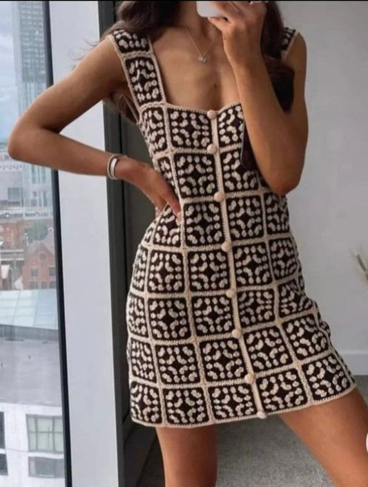 Granny Square Strap Mini Dress