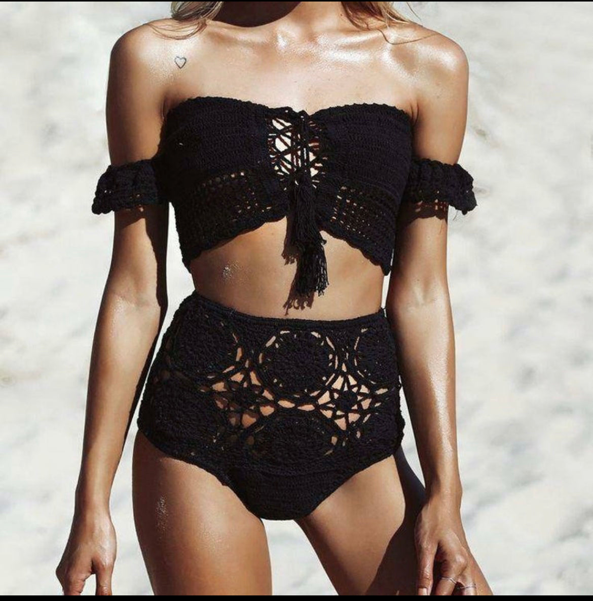 Off Shoulder Spice Road Lace up Crochet Swimsuit