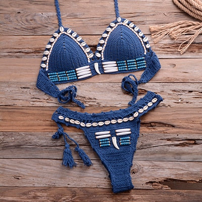 Sexy Blue Shell Beaded Bikini